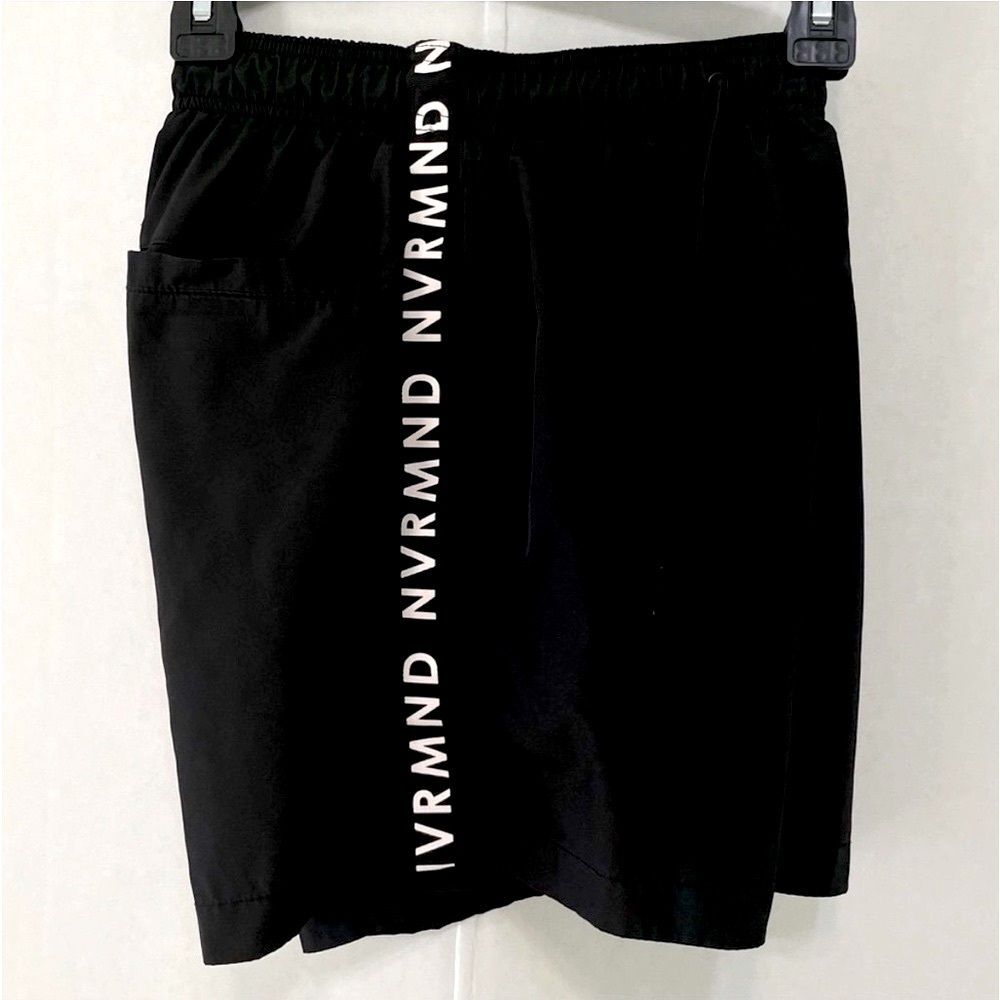 H&M Men’s Swim Trunks Shorts Black White Repeat Tape NVRMND Drawstring Pockets